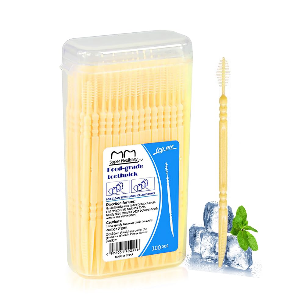 2-in-1 Double Head Interdental Toothpick Brush, Plastic Dental Floss Picks - 100 Pcs/Box, Yellow