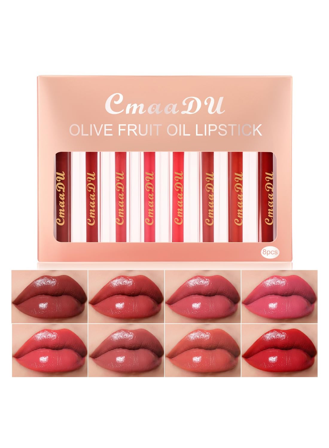 Cmaadu 8Pcs Liquid Lipstick Set with Olive Fruit Oil, Long Lasting High Pigmented Non-Stick Cup Moisturizing Waterproof Lip Gloss Set for Girls Women Makeup Gift Set