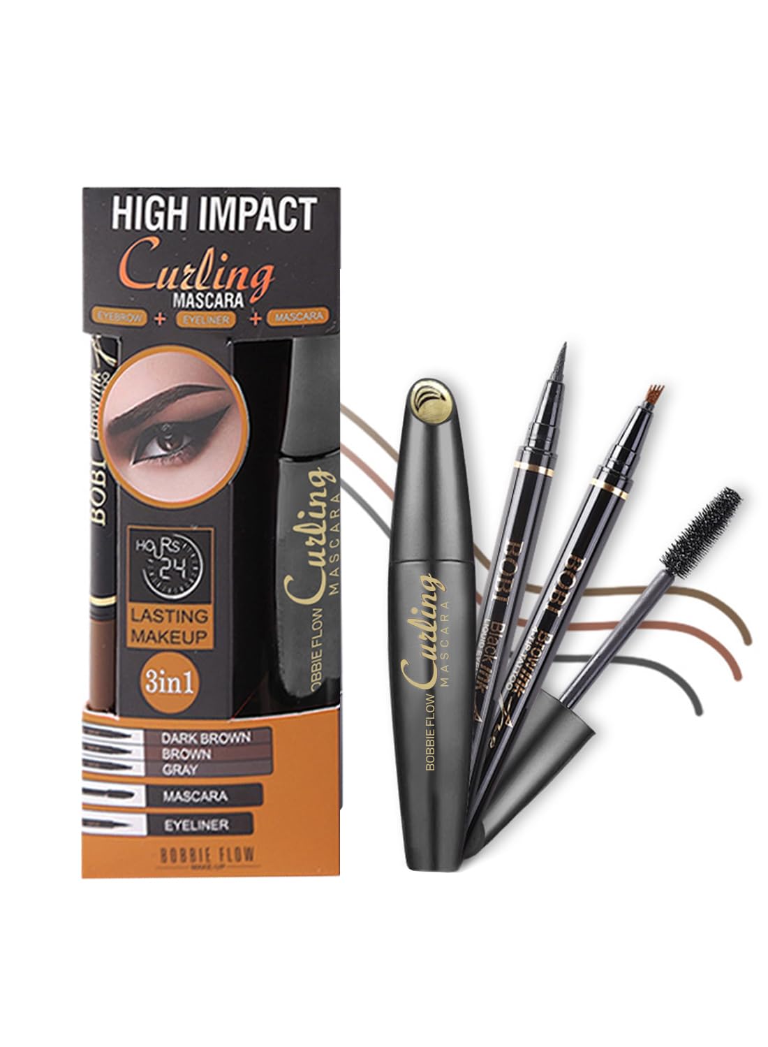 3 in 1 Four Tip Eyebrow & Liquid Eyeliner & Mascara Kit, Natural Waterproof Long Lasting Eye Makeup Set, Non Clumping, Lengthening, Curling, Quick Drying Makeup Salon Set for Women