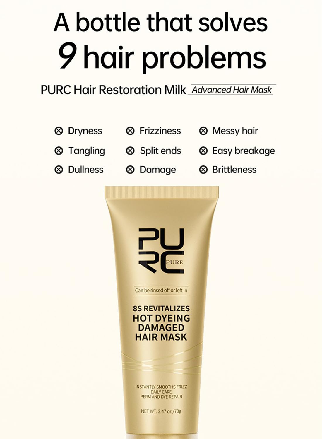 Hair Mask, 8s Revitalizes Hot Dyeing Damaged Hair Mask Deep Conditioner, Hair Daily Care Perm and Dye, Hair Repair Treatment for Damaged Hair, Instantly Smooths Frizz, Restore Hair Strength 70g