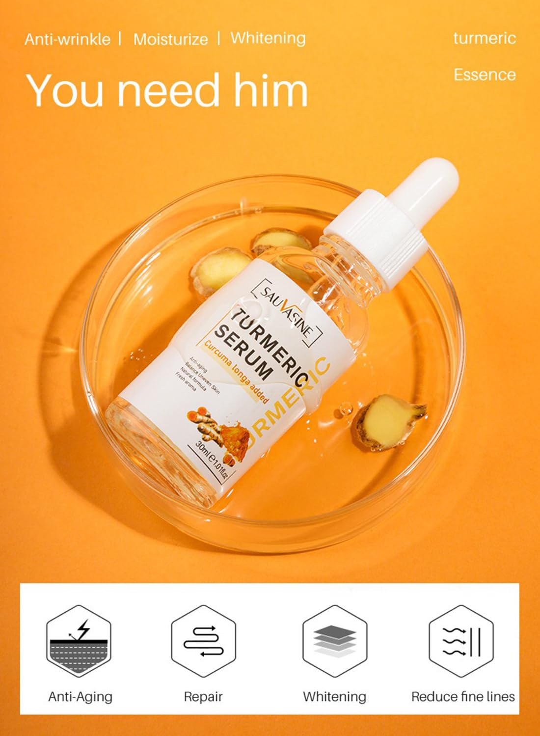 Turmeric Serum, Anti-Aging Anti Wrinkles Natural Turmeric Skin Brightening Serum, Moisturizing Turmeric Facial Repair Serum, Evens Tone, Clears Acne, Minimizes Pores Skin, Care for Face & Body 30ml