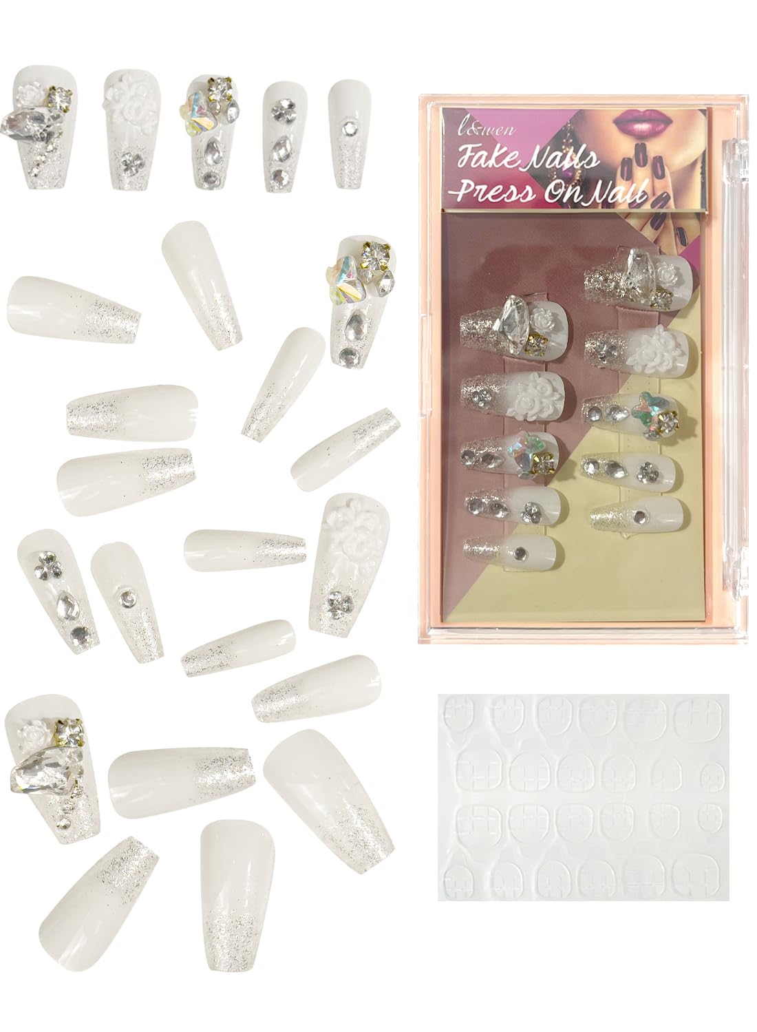 24Pcs Press on Nails, Long Lasting Chip-Free Press Ons Square for Gift, Nails Tip Set for Salons and DIY with 36Pcs Nail Adhesive Glue Tapes for Women