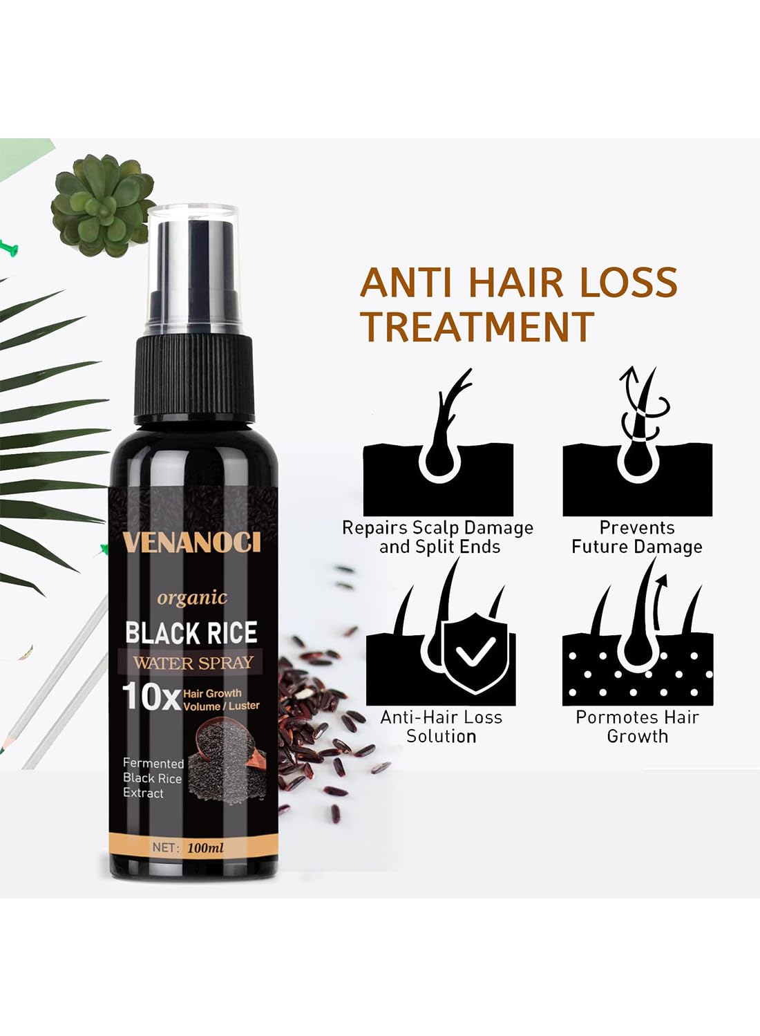Hair Helper Spray, Moisturizing Strengthening Hair Growth Spray for Thinning Hair, Anti Hair Loss Volumizing Organic Black Rice Water Spray for Hair Growth, Restore Dry Damaged Hair 100ml