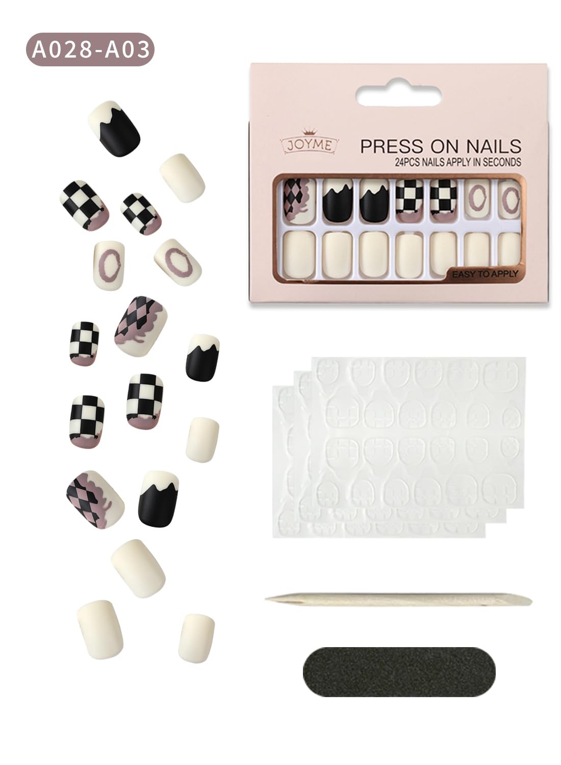 24 Pcs Press On Nails Short, Reusable Natural French Gel Nail Tips Set for Salons and DIY with 72 Pcs Nail Adhesive Glue Tabs & Mini Nail File & Manicure Mini Stick for Women