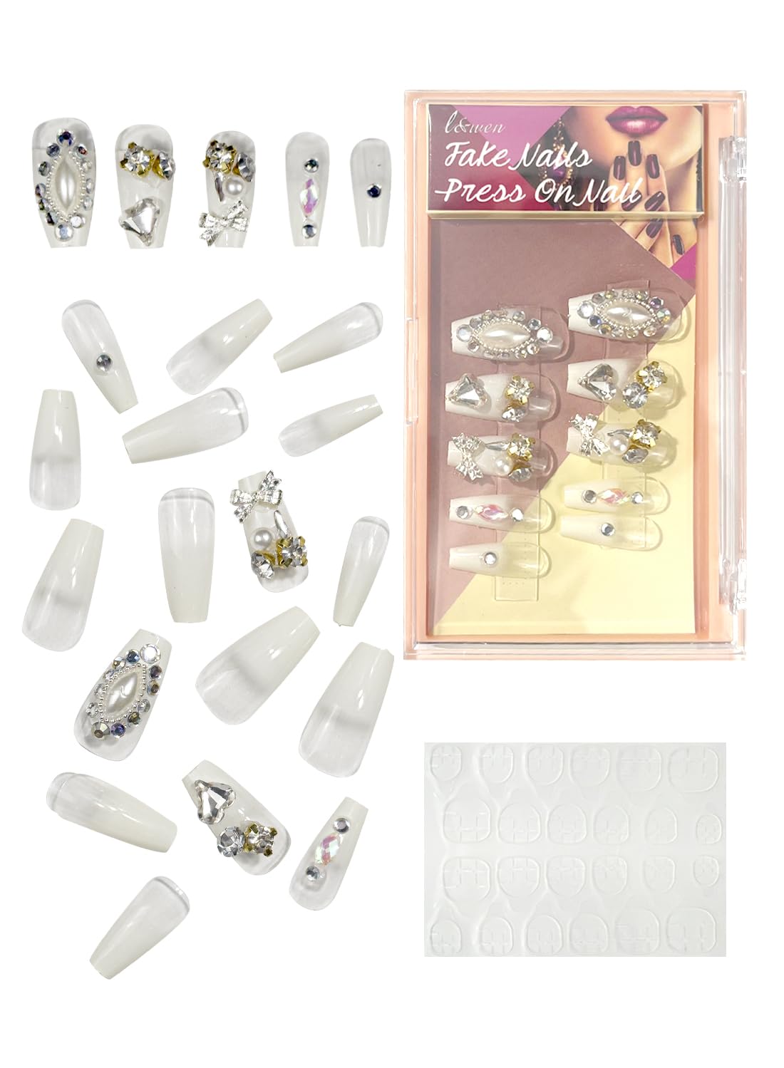 24Pcs Press on Nails, Long Lasting Chip-Free Press Ons Square for Gift, Nails Tip Set for Salons and DIY with 36Pcs Nail Adhesive Glue Tapes for Women