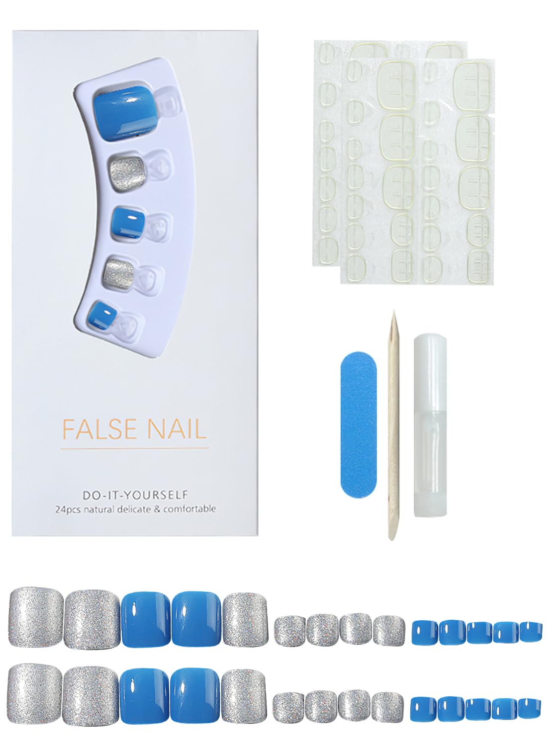 24Pcs Press on Toenails Short, Long Lasting Fake Toe Nails Full Cover, False Toenails for Feet for Summer Nail Art with Nail File Nail Stick & 72 Pcs Nail Adhesive Glue