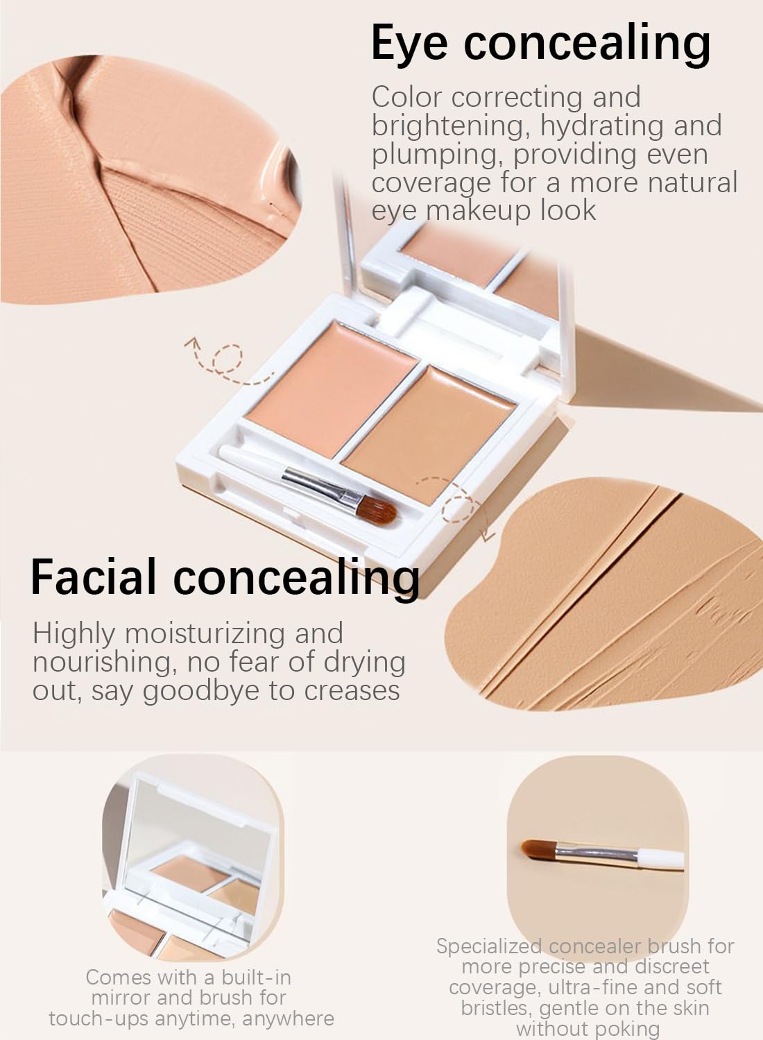 Double Color Concealer Palette with a Brush, Lightweight Long Lasting 2 Colors Foundation and Concealer Palette, Neutral Under Eye Concealer, Medium to Full Coverage