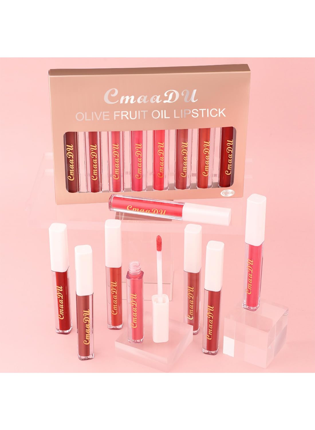 Cmaadu 8Pcs Liquid Lipstick Set with Olive Fruit Oil, Long Lasting High Pigmented Non-Stick Cup Moisturizing Waterproof Lip Gloss Set for Girls Women Makeup Gift Set