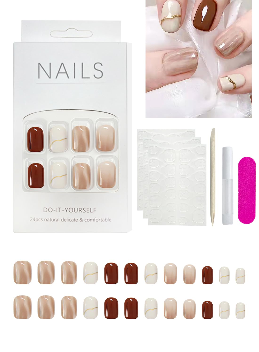 24 Pcs Press On Nails Short, Reusable French Gel Nail Tips Set, Natural Soft Gel Press on Nails for Salons and DIY with 72 Pcs Nail Adhesive Glue Tapes