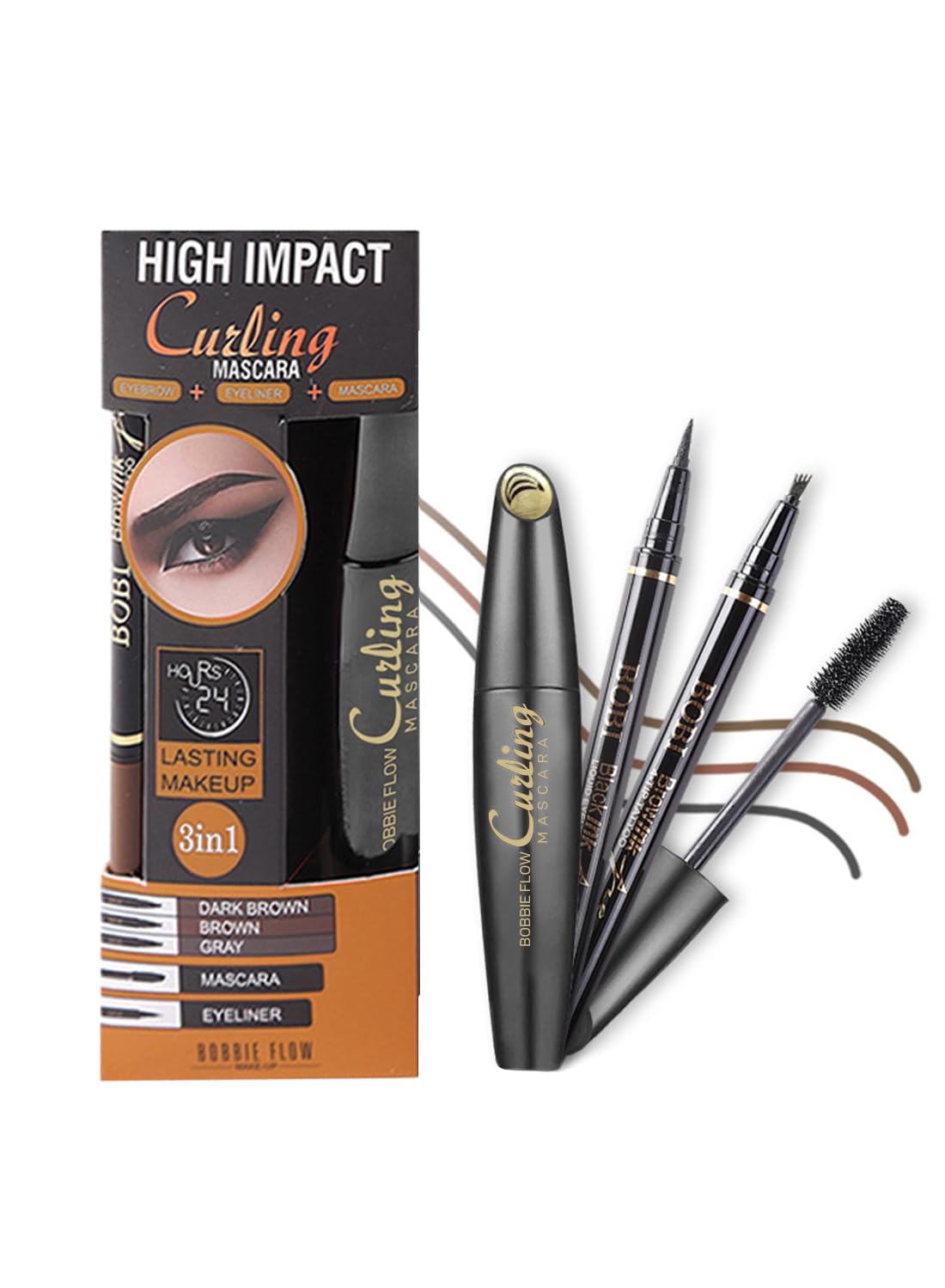 3 in 1 Four Tip Eyebrow & Liquid Eyeliner & Mascara Kit, Natural Waterproof Long Lasting Eye Makeup Set, Non Clumping, Lengthening, Curling, Quick Drying Makeup Salon Set for Women