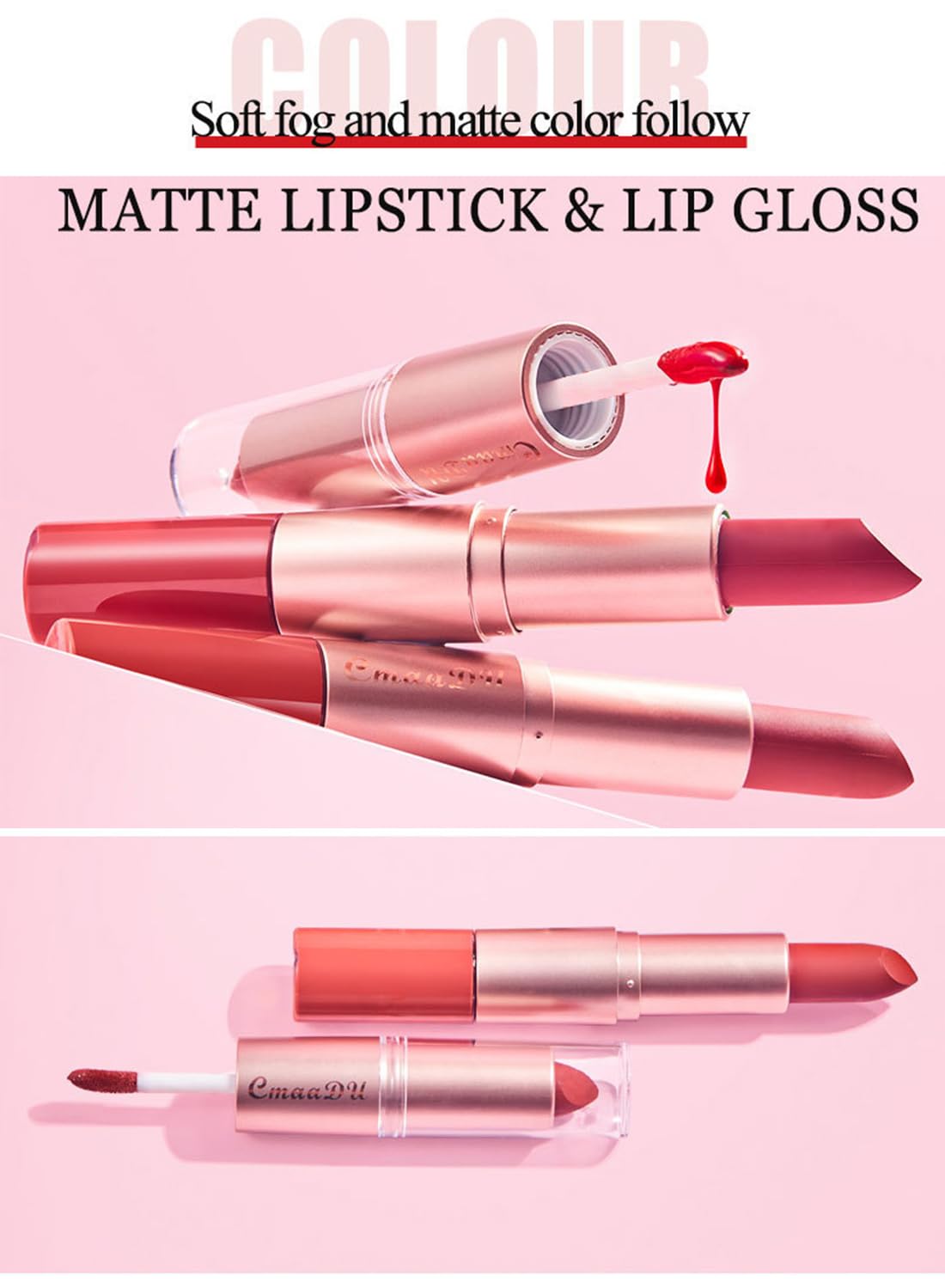 3 Pcs 2 in 1 Lipstick and Lip Gloss Set, Matte Velvet Double Headed High Pigmented Lipstick Gift Set, Waterproof Long Lasting Lip Makeup Gift Set for Women