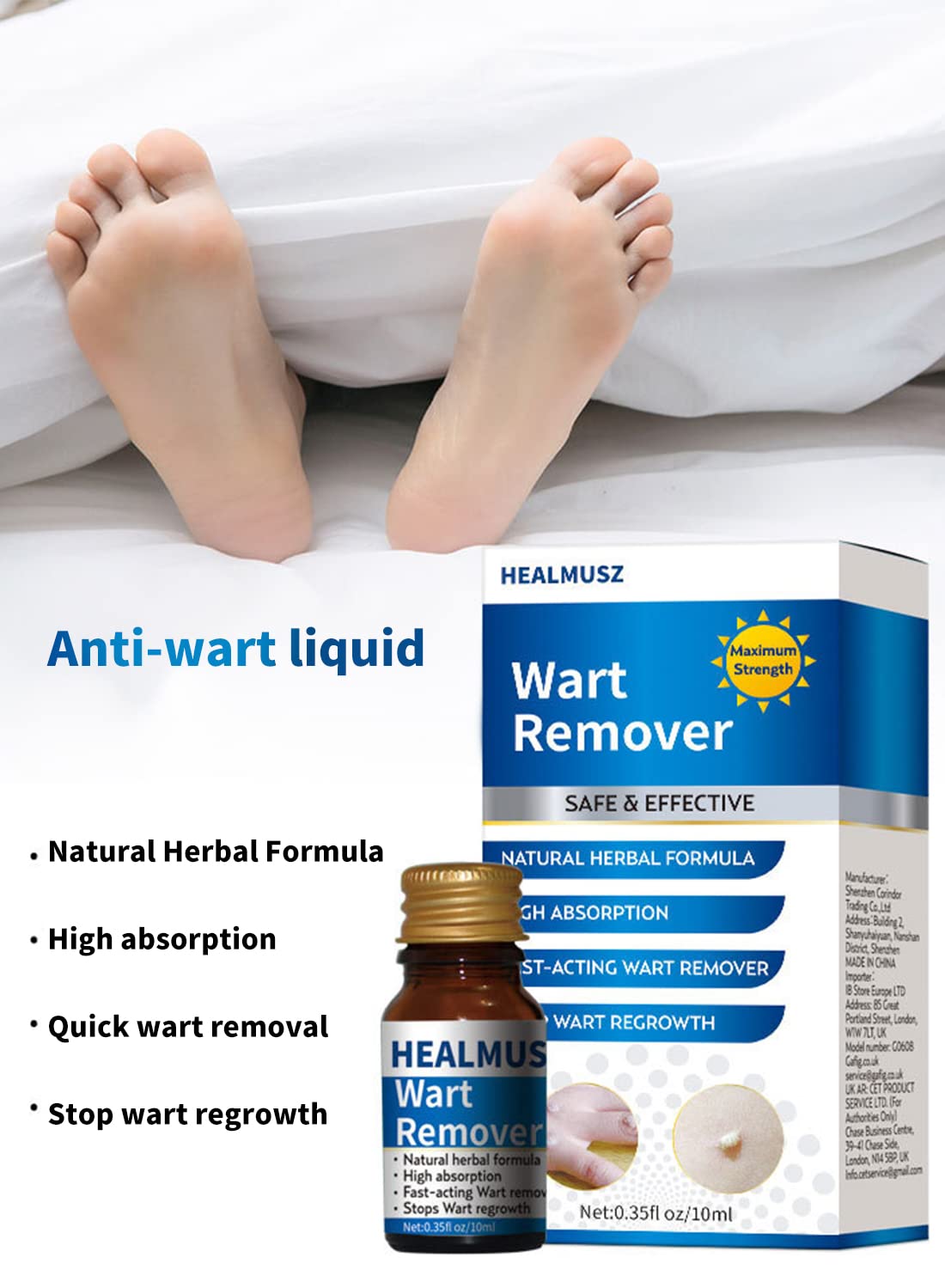 Wart Remover, Fast Acting Stop Wart Regrowth Non Irritating Wart Remover - 10ml