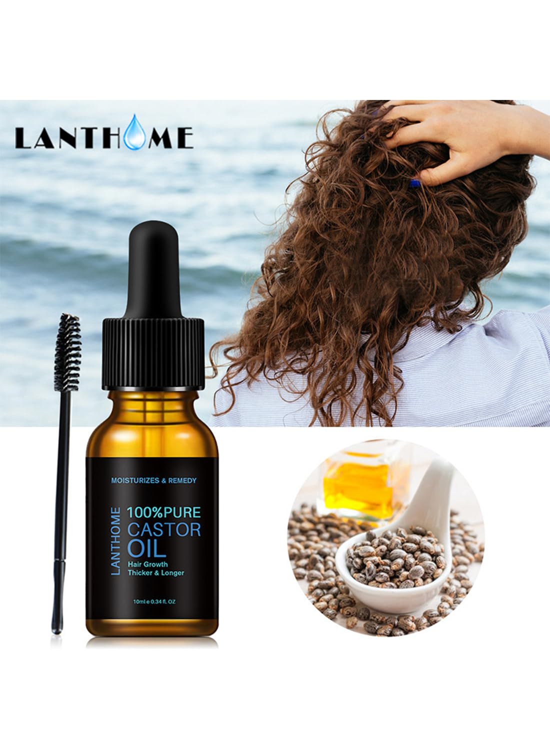Castor Oil, 100% Pure, Cold Pressed, Castor Hair Oil, Hair Growth Oil, Stimulate Healthy Growth for Eyelashes, Eyebrows and Hair, Hair Growth Serum for Thicker and Longer Hair 10ml