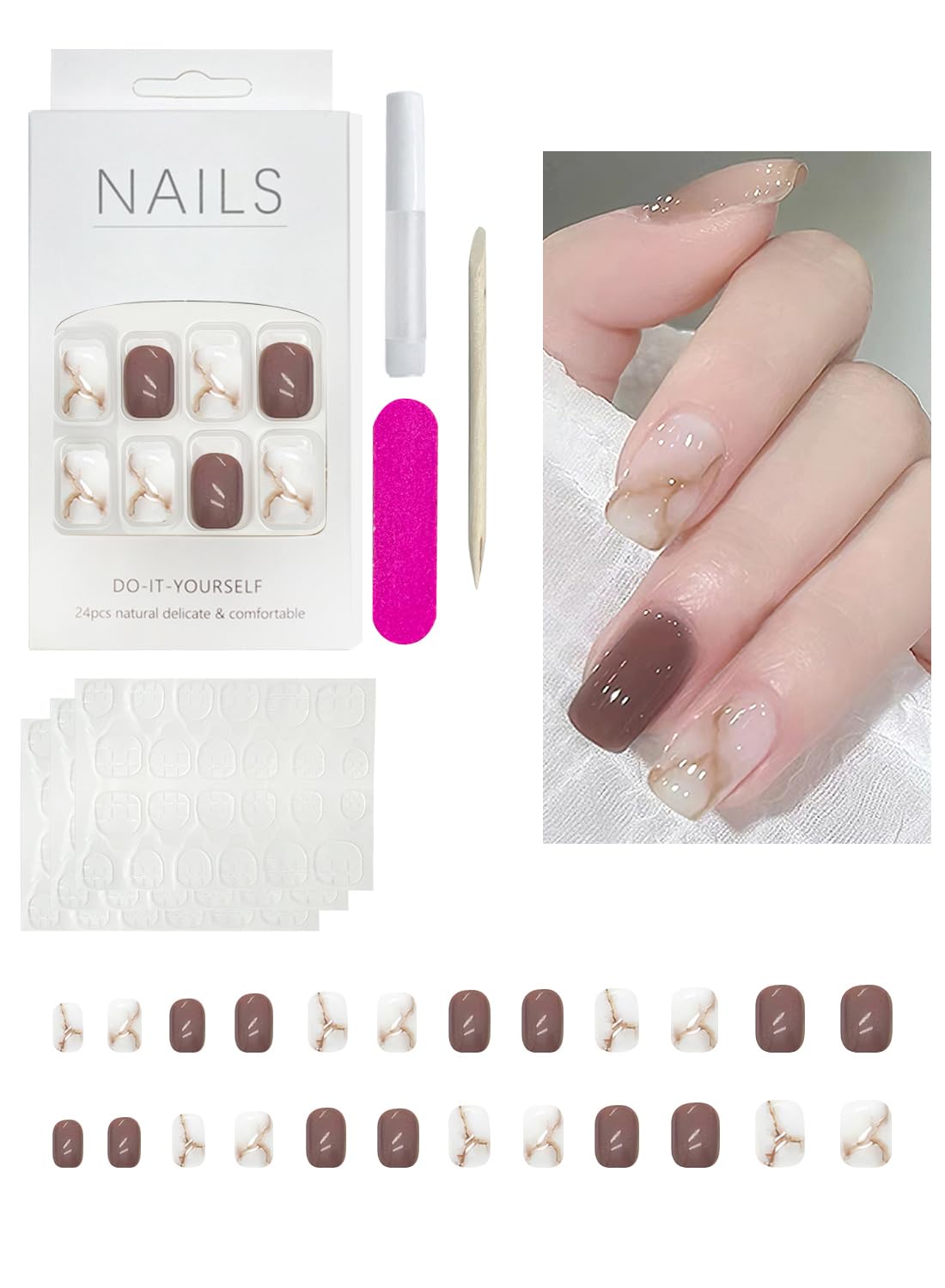 24 Pcs Press On Nails Short, Reusable French Gel Nail Tips Set, Natural Soft Gel Press on Nails for Salons and DIY with 72 Pcs Nail Adhesive Glue Tapes