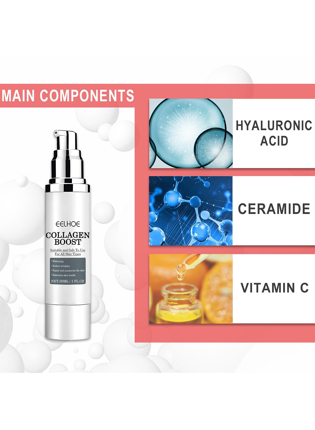 Collagen Boost Anti-Wrinkle Cream, Brightening Facial Cream, 30ml