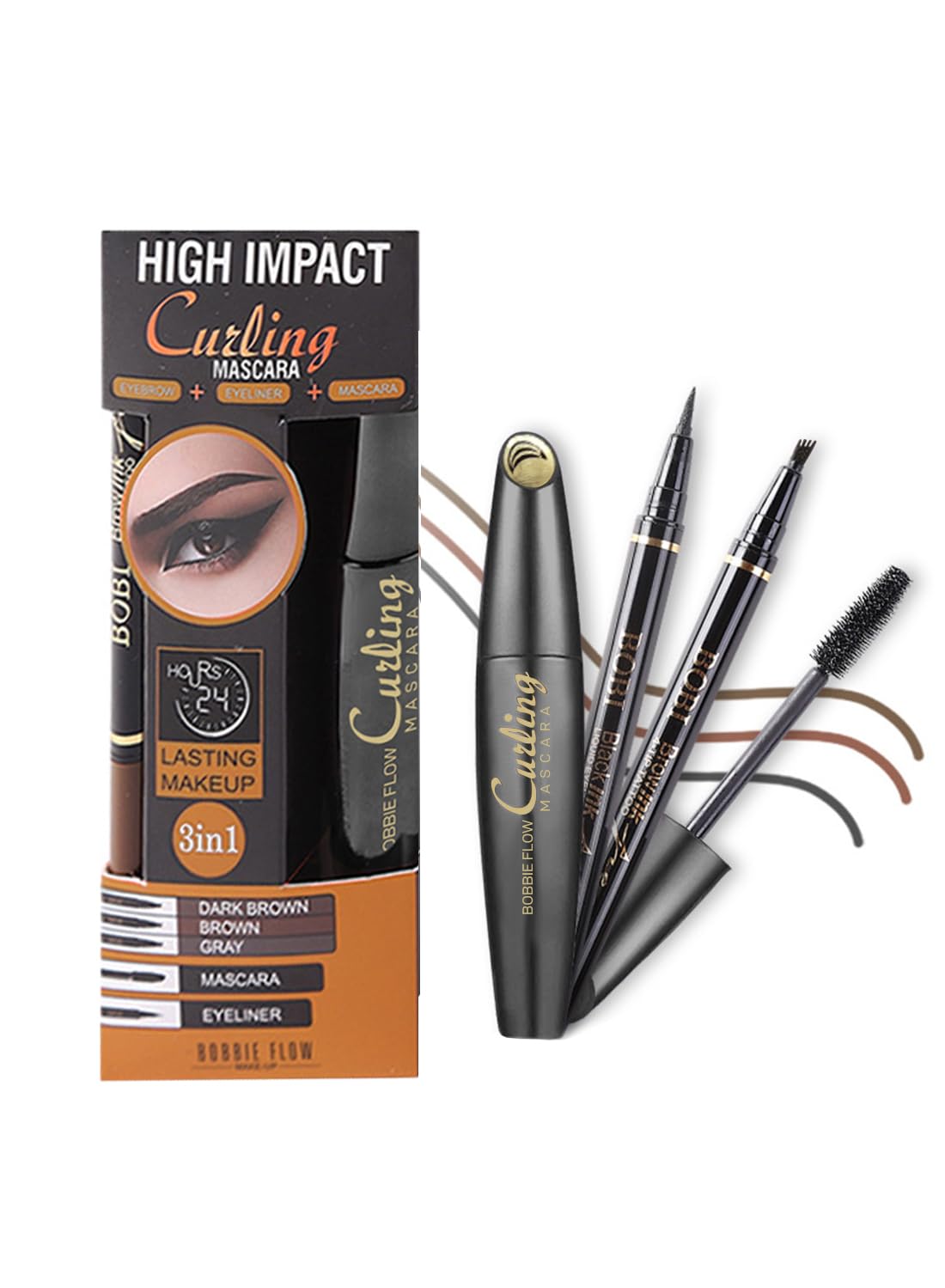 3 in 1 Four Tip Eyebrow & Liquid Eyeliner & Mascara Kit, Natural Waterproof Long Lasting Eye Makeup Set, Non Clumping, Lengthening, Curling, Quick Drying Makeup Salon Set for Women