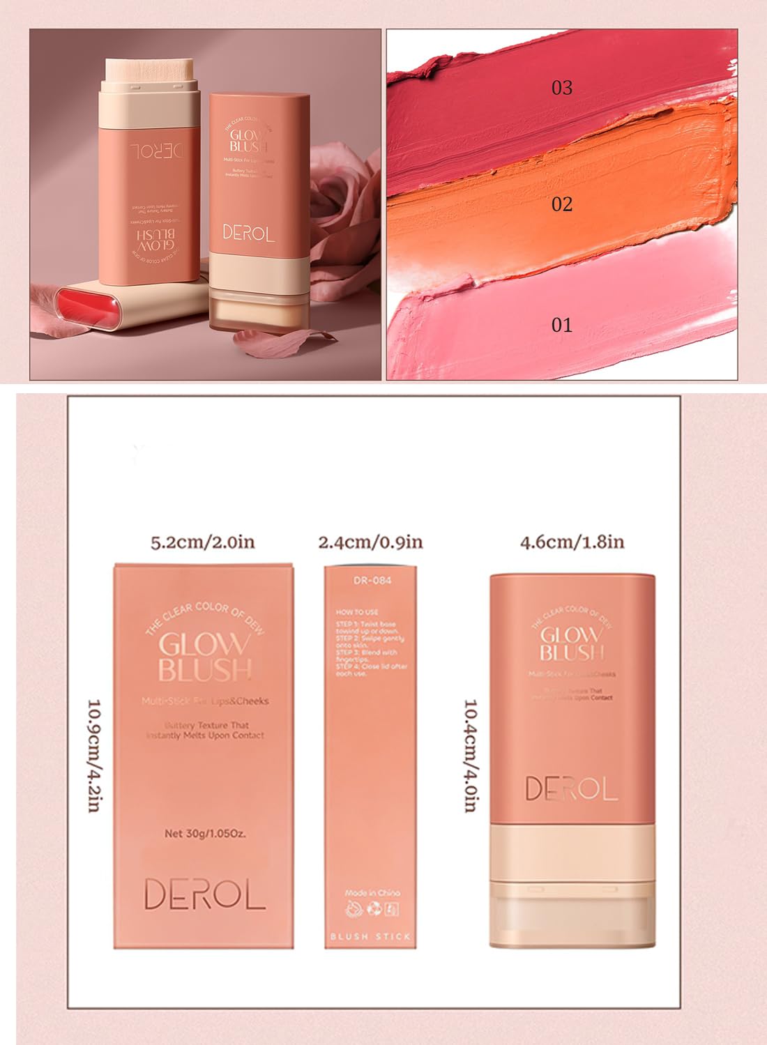 Blush Stick, Moisturizing Blush Cream, Natural Waterproof Multi-Use Lip Tint, High Pigmented Creamy Blush Stick for Eyes Lips and Cheeks, Gift Set for Women 30G