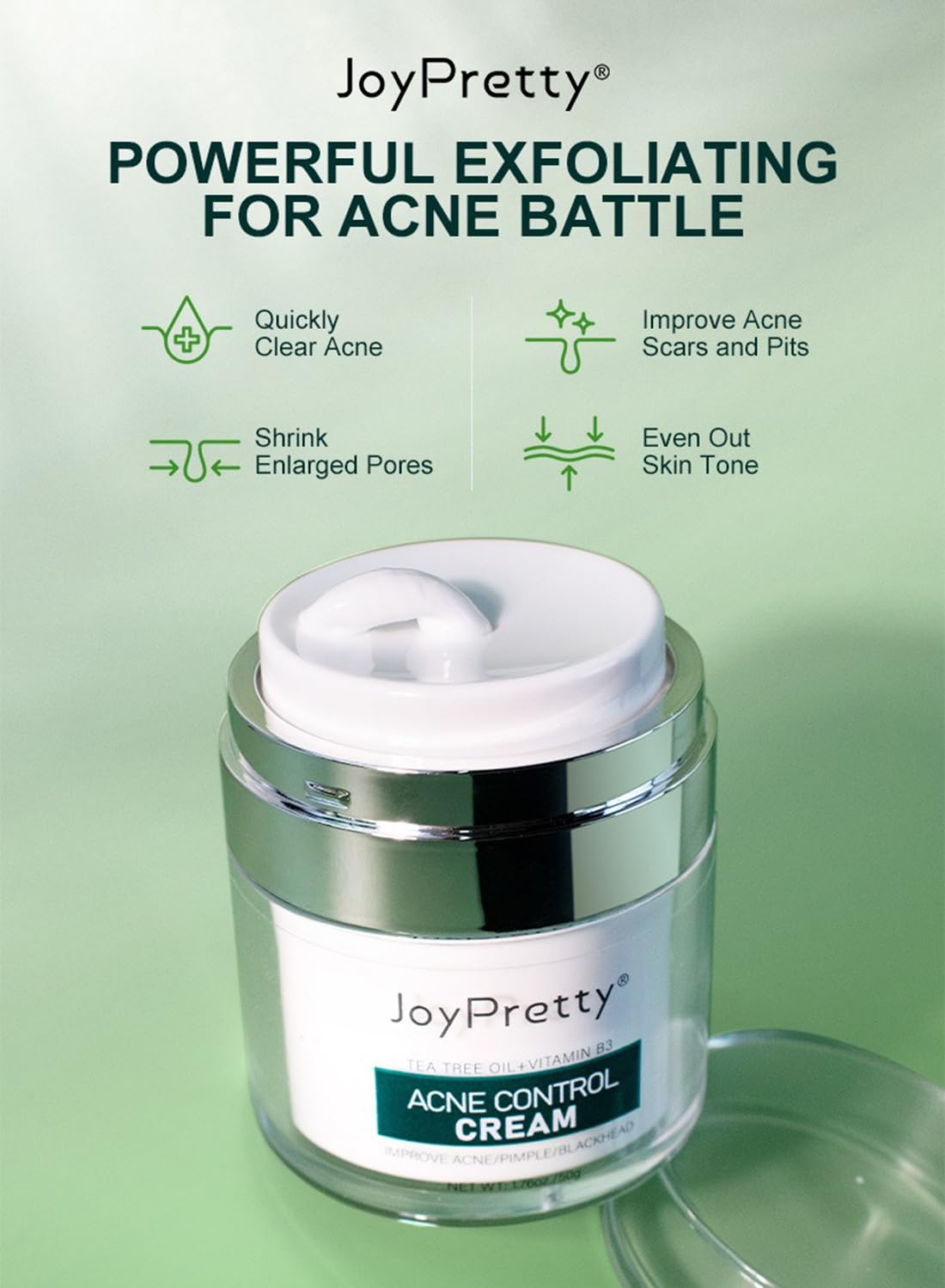 Acne Treatment Face Cream with Tea Tree Oil & Vitamin B3, Inflammation Soothing Acne Moisturizer, Acne Remover for Stubborn Pimple Blackhead Whitehead Blemish, Shrink Enlarged Pores 50g
