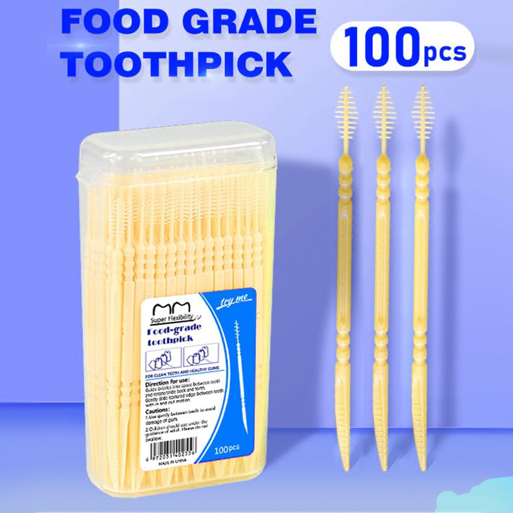 2-in-1 Double Head Interdental Toothpick Brush, Plastic Dental Floss Picks - 100 Pcs/Box, Yellow