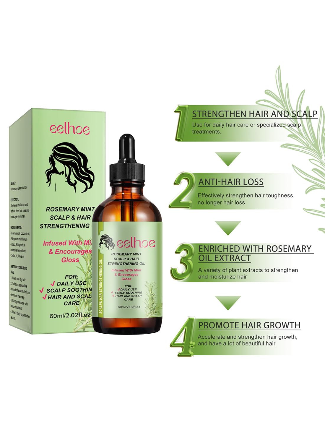Hair Growth Oil 100% Natural Rosemary Hair Growth Essential Oil to Help Stimulate New Hair Growth and Strengthen Hair Follicles and Moisturize Scalp and Encourage Thicker Fuller Hair 60ml