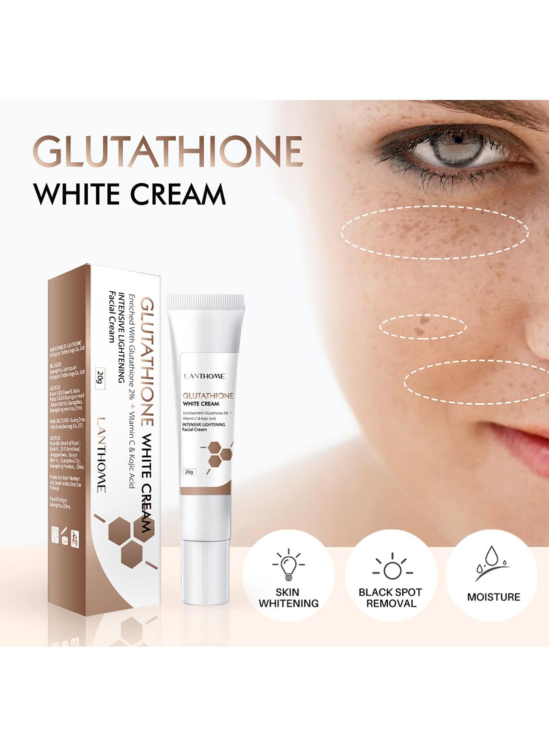 2% Glutathione Facial Cream, Whitening and Anti-Wrinkle Face Moisturizer, 20g