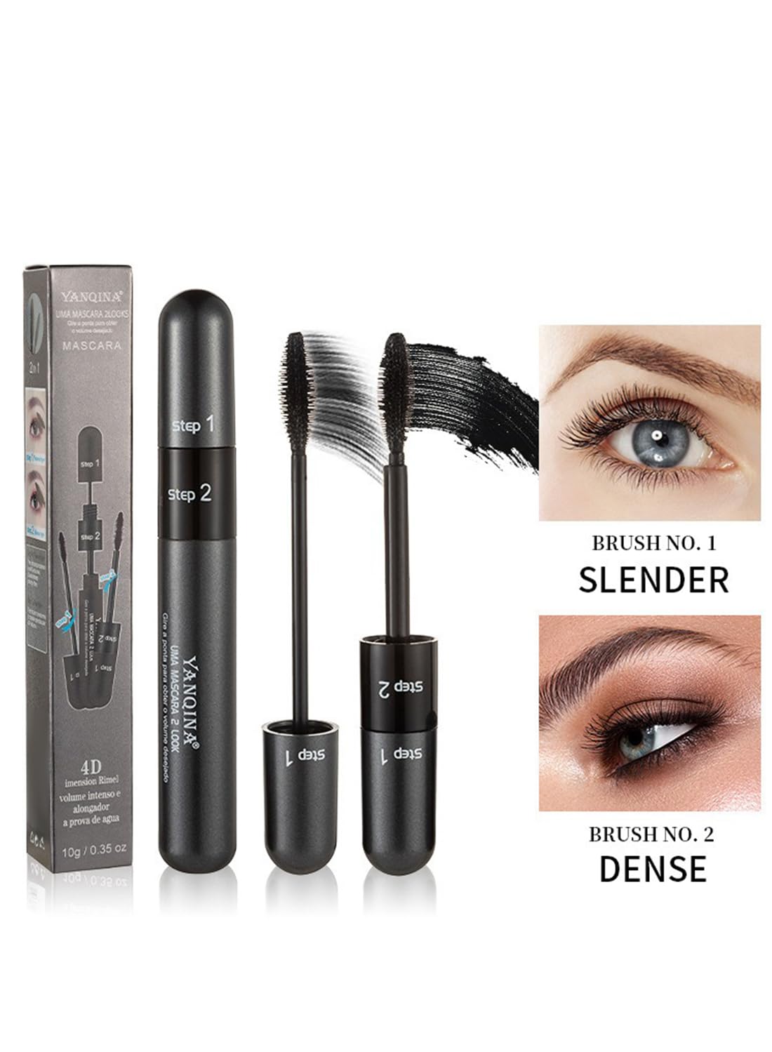 L&Wen 2 in 1 4D Mascara, Volumizing Lengthening Defining Lifting Curling Multiplying Eye Makeup, No Smudging Long Lasting Waterproof Mascara
