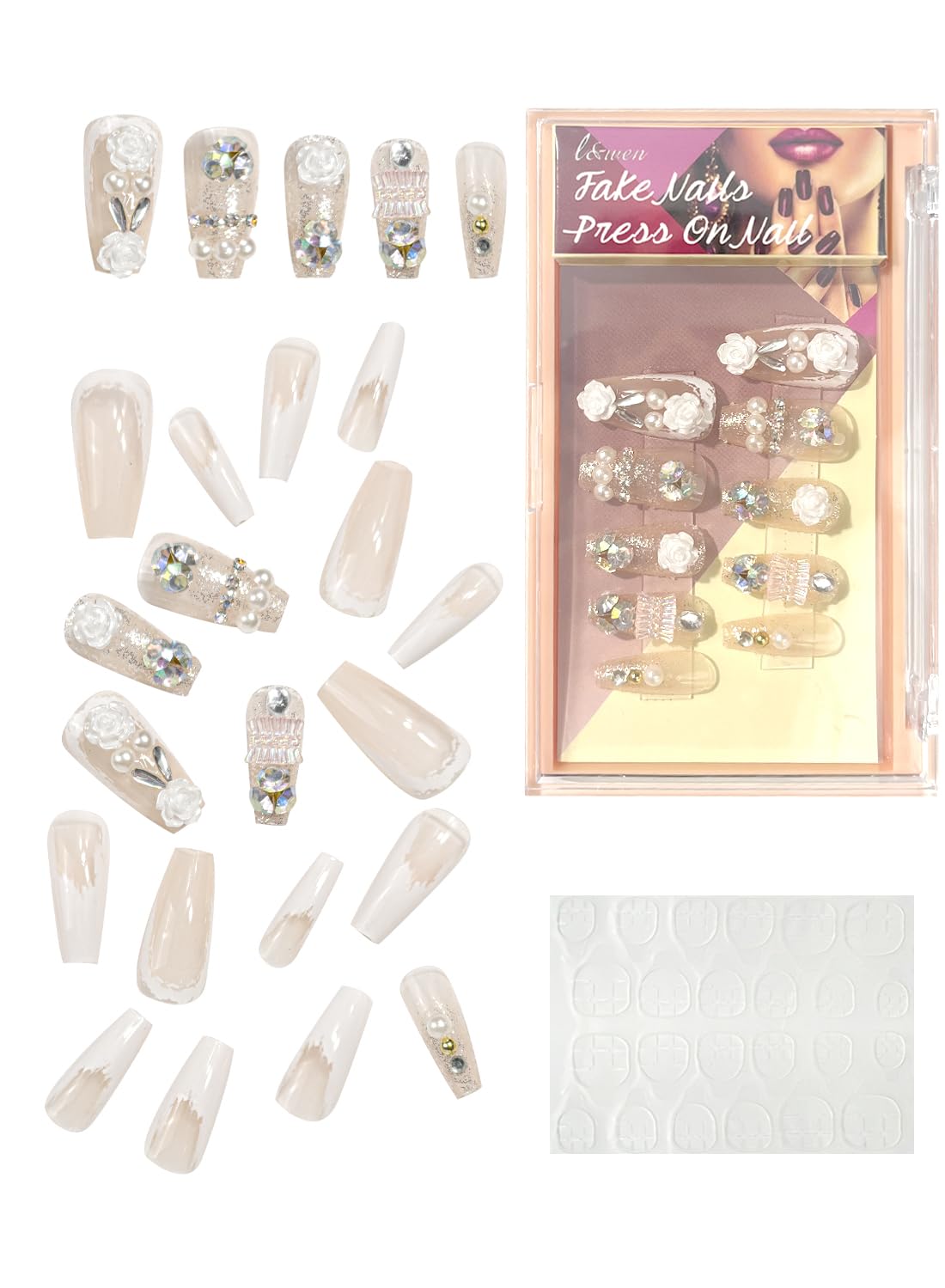 24Pcs Press on Nails, Long Lasting Chip-Free Press Ons Square for Gift, Nails Tip Set for Salons and DIY with 36Pcs Nail Adhesive Glue Tapes for Women