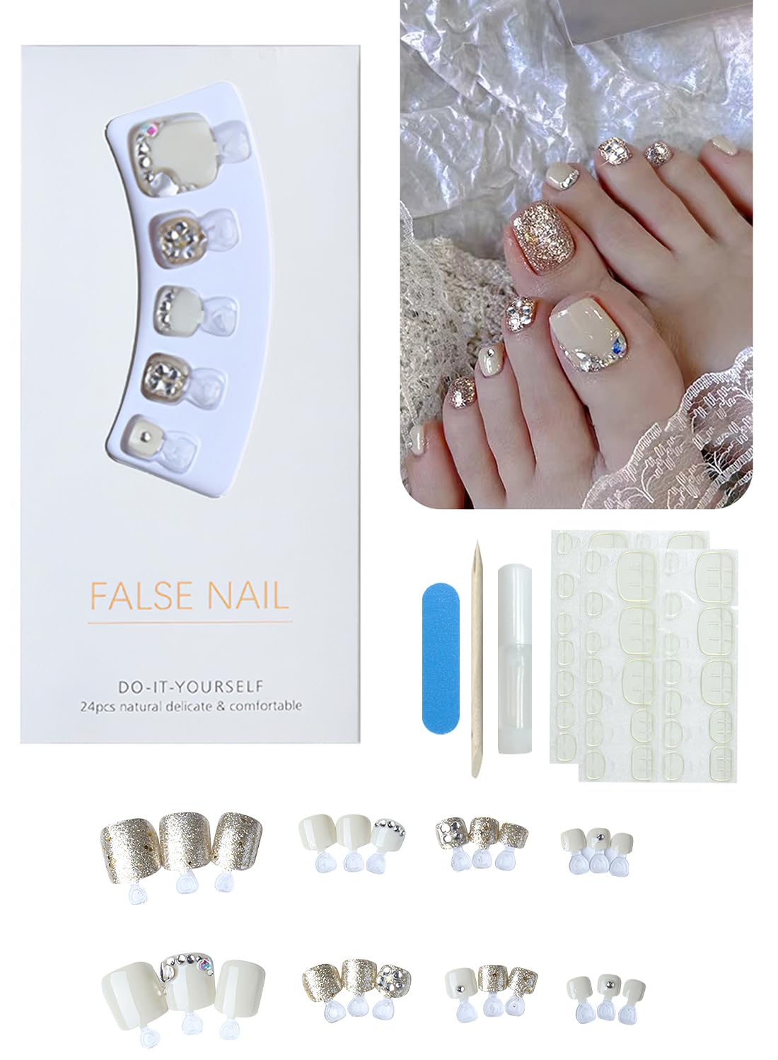 24Pcs Press on Toenails Short, Long Lasting Fake Toe Nails Full Cover, False Toenails for Feet for Summer Nail Art with Nail File Nail Stick & 72 Pcs Nail Adhesive Glue