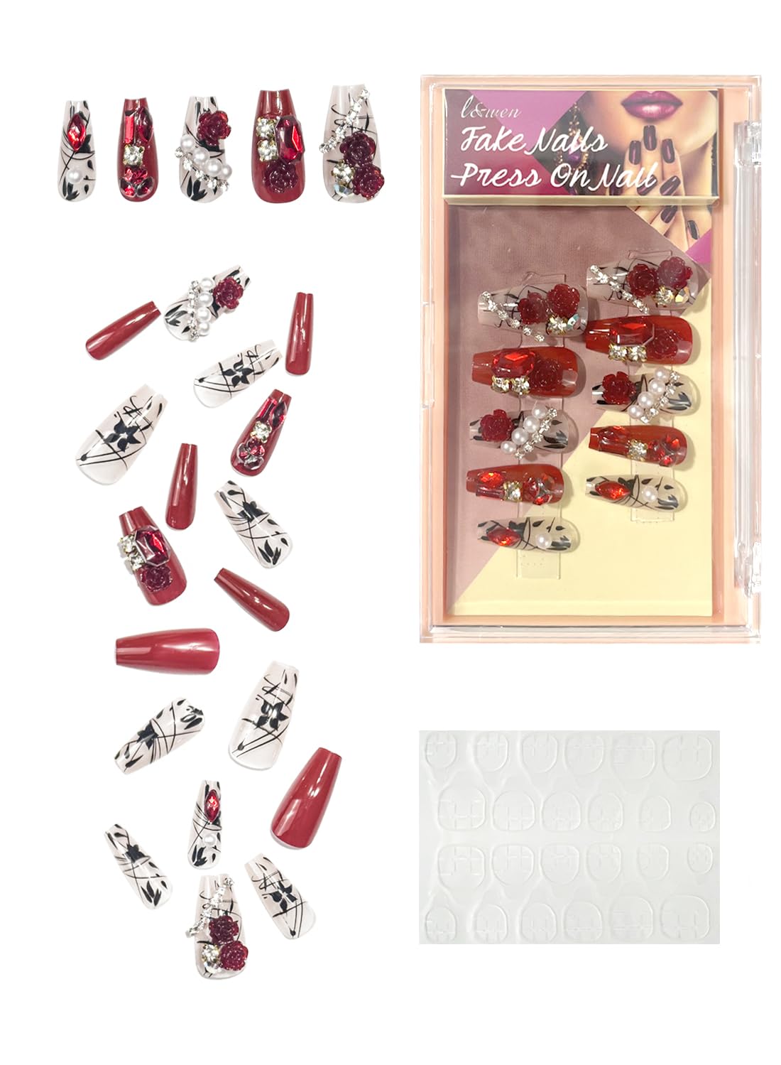 24Pcs Press on Nails, Long Lasting Chip-Free Press Ons Square for Gift, Nails Tip Set for Salons and DIY with 36Pcs Nail Adhesive Glue Tapes for Women
