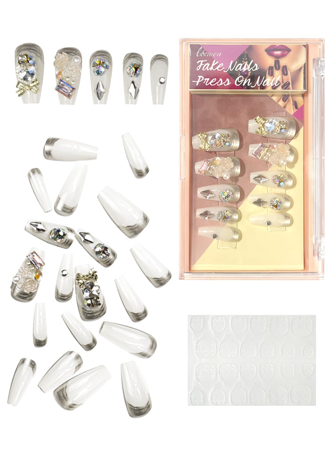 24Pcs Press on Nails, Long Lasting Chip-Free Press Ons Square for Gift, Nails Tip Set for Salons and DIY with 36Pcs Nail Adhesive Glue Tapes for Women