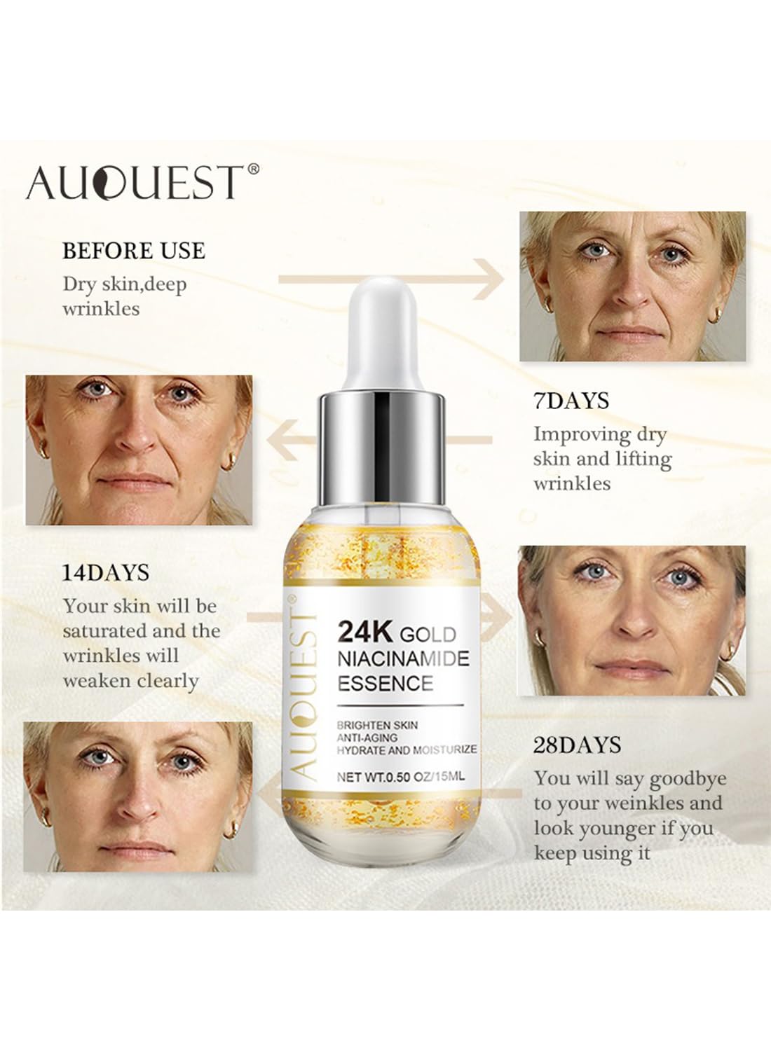 Face Serum, Hydrating Anti-Aging Gold Niacinamide Treatment Essence - 15ml
