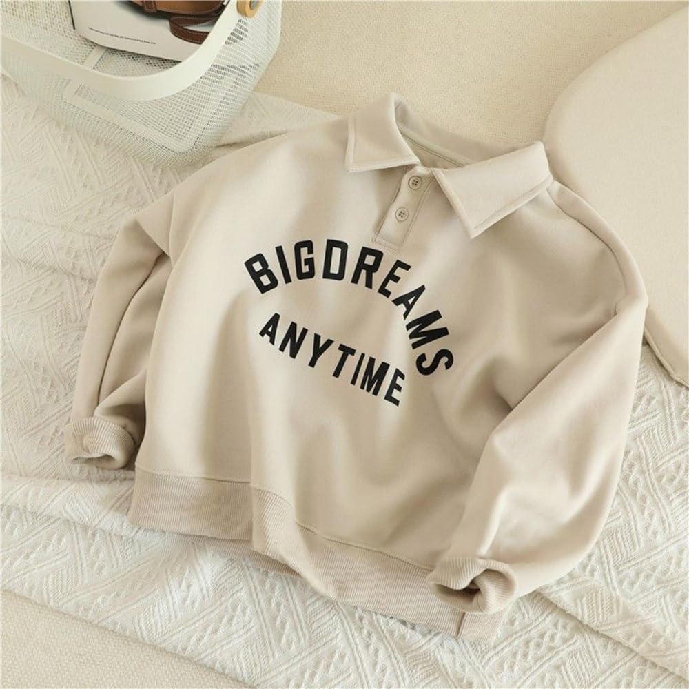 L&Wen Boys Elegant Long Sleeve Sweatshirt for Cooler Weather, Text Pattern Print Kids Top Beige 90 (2-3 Years)