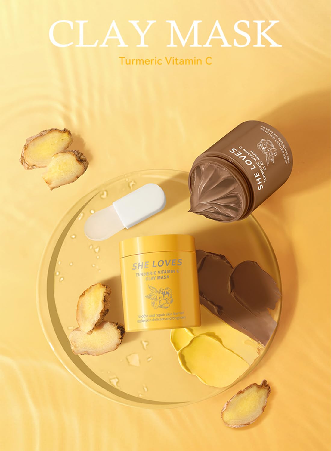 2 Pcs Turmeric Vitamin C Clay Mask Set with Brushes Deep Cleansing Moisturizing Soft Easy to Remove Mild Face Cleansing to Clean Pores and Remove Black Head and Promote Skin Metabolism