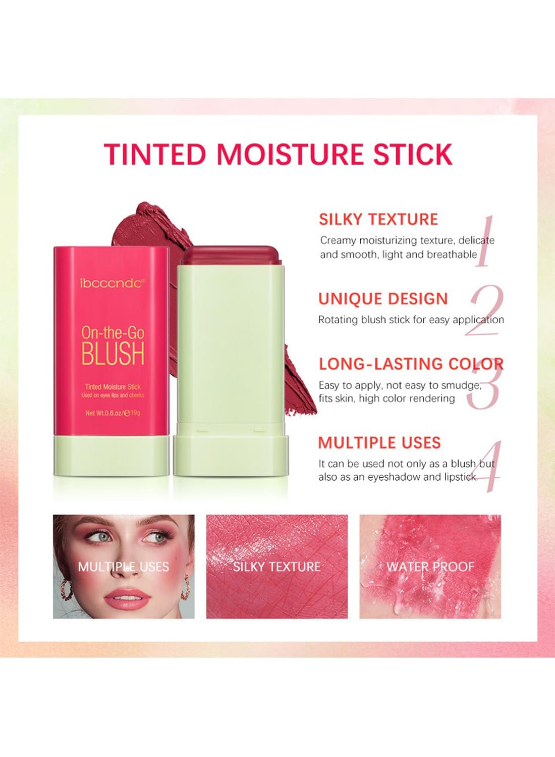 Blush Stick, Multi-Use Lip Tint, High Pigmented Creamy Blush Stick for Eyes Lips and Cheeks 19G