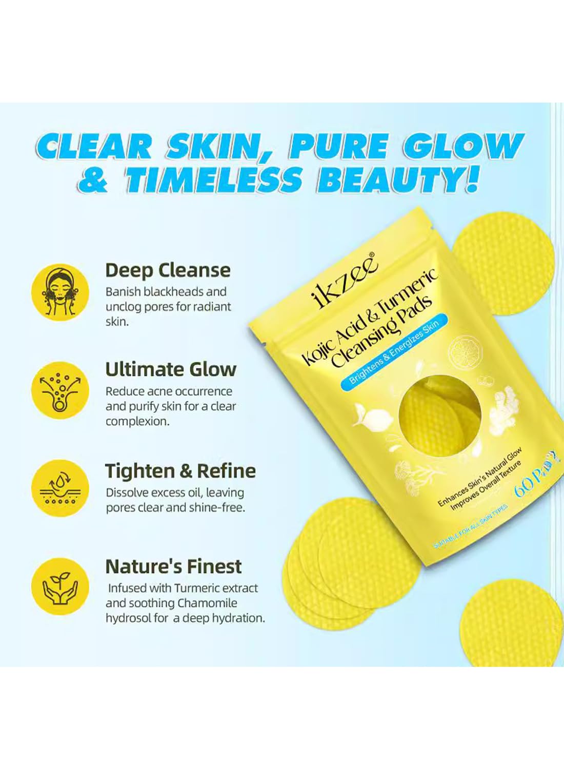 Turmeric Cleansing Pads, Kojic Acid & Turmeric Cleansing Pads, Enhances Skin's Natural Glow, Improves Overall Texture, Helps Balance Skin Oil & Water (60 Pads)