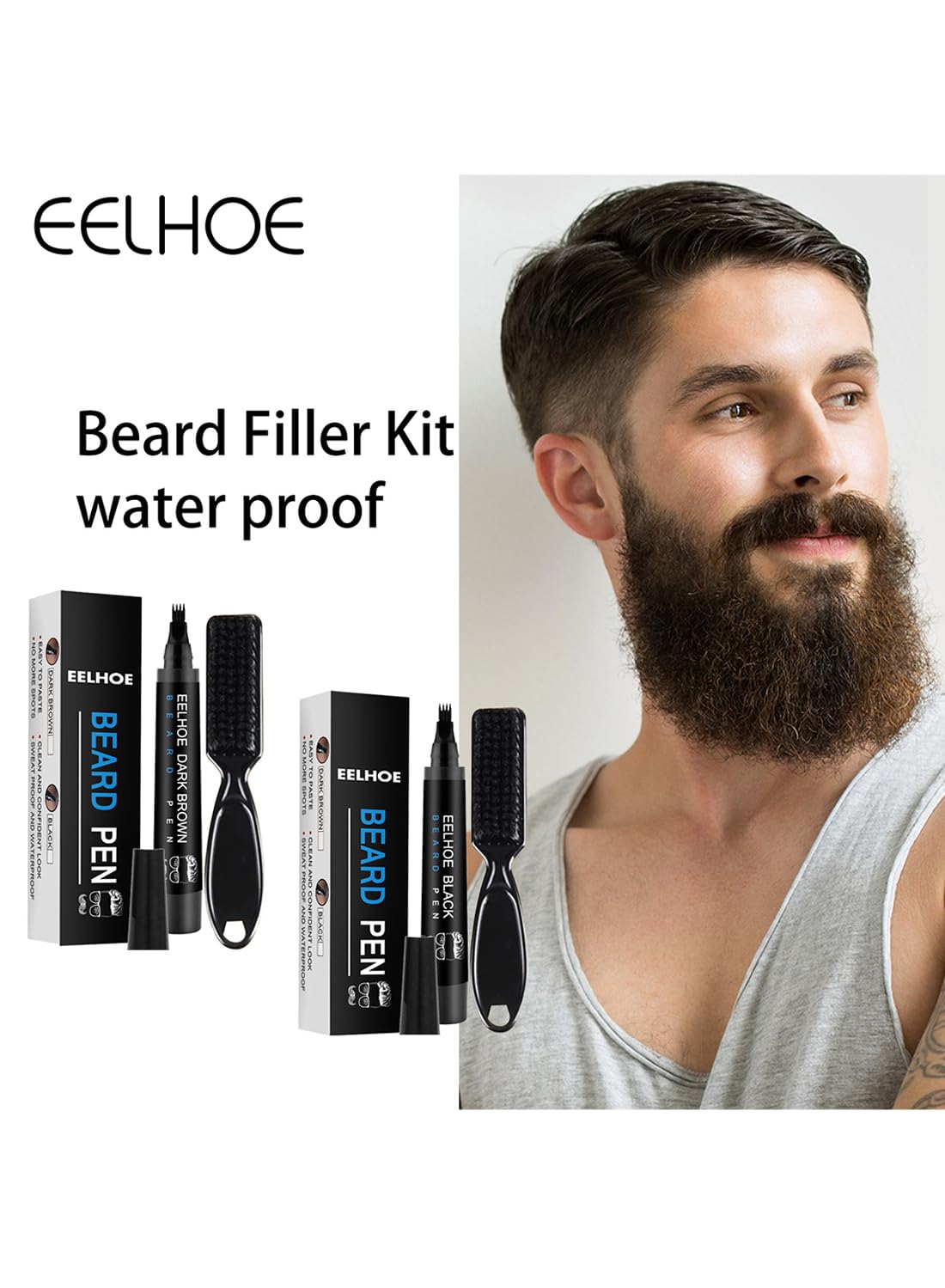 Beard Pen Kit with Brush, Beard Filler Pencil to Create Natural Black for Man