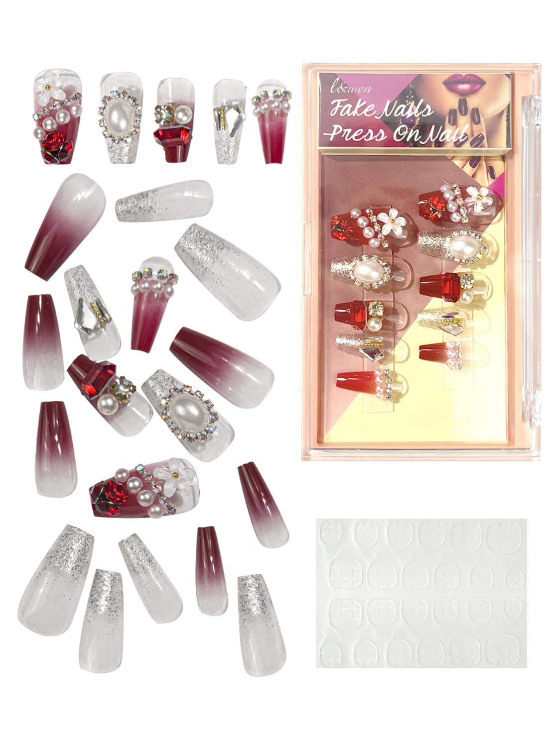 24Pcs Press on Nails, Long Lasting Chip-Free Press Ons Square for Gift, Nails Tip Set for Salons and DIY with 36Pcs Nail Adhesive Glue Tapes for Women