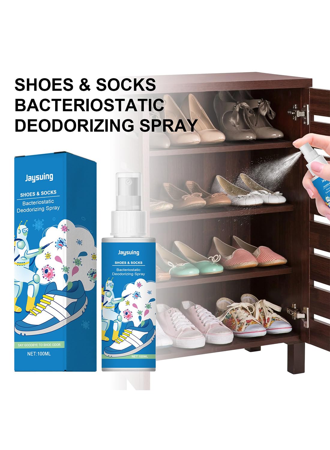 Shoes & Socks Bacteriostatic Deodorizing Spray, Shoe Odor Eliminator Spray 100ml