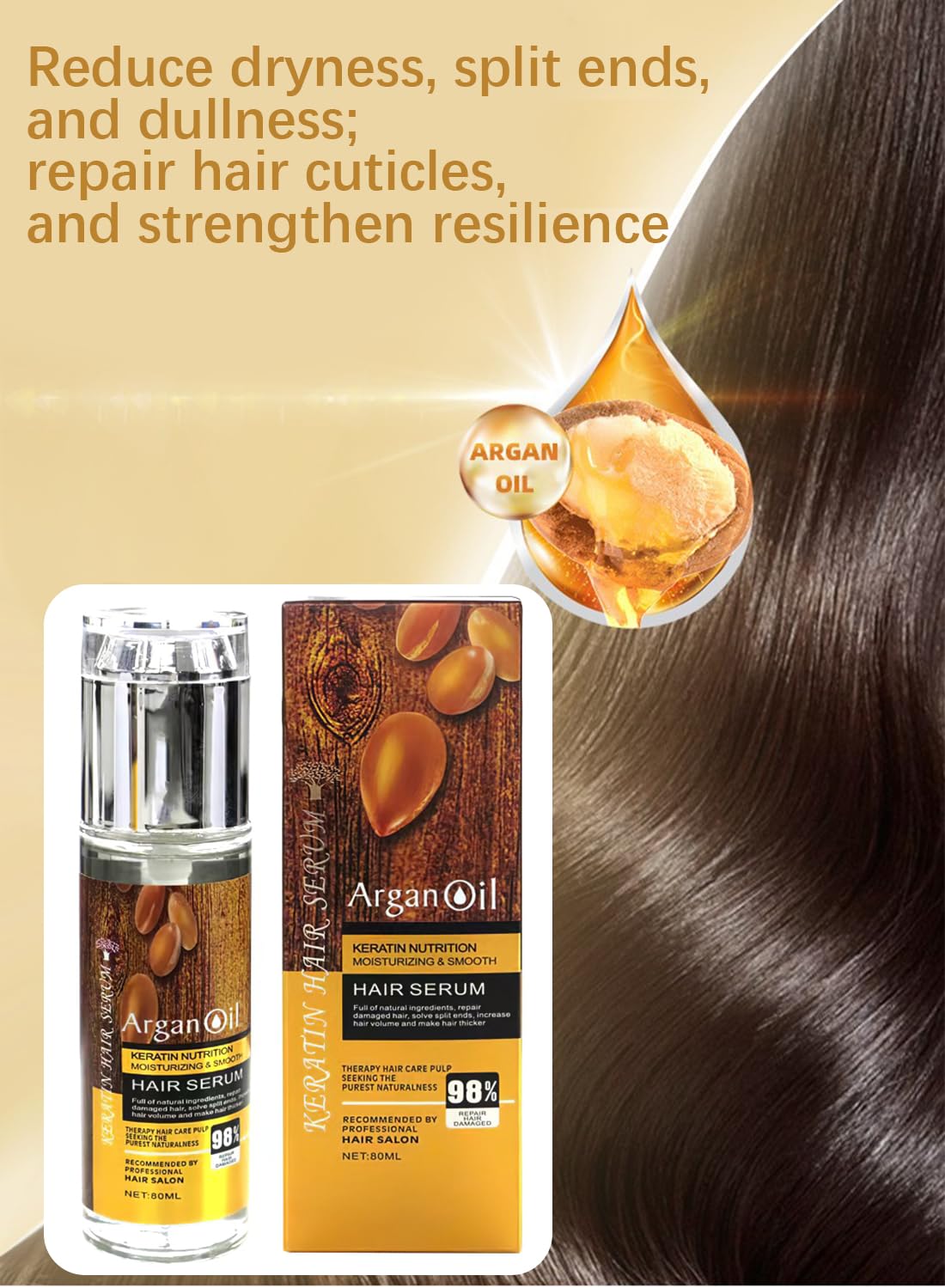 Hair Serum for Frizzy Dry Damaged Hair, Moisturizing Anti Frizz Control Repairing Argan Oil, Nourishing Smoothing Keratin Hair Treatment Oil, Hair Straightening Serum for All Hair Types 80ml