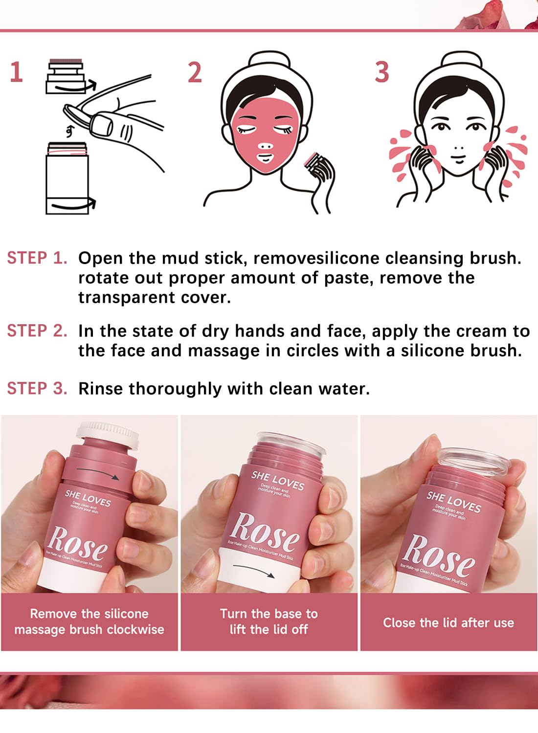 Rose Makeup Clean Moisturizer Mud Stick Deep Cleansing Moisturizing Mild Refreshing Comfortable Easy Emulsification and Cleaning Suitable for Sensitive Skin 33g