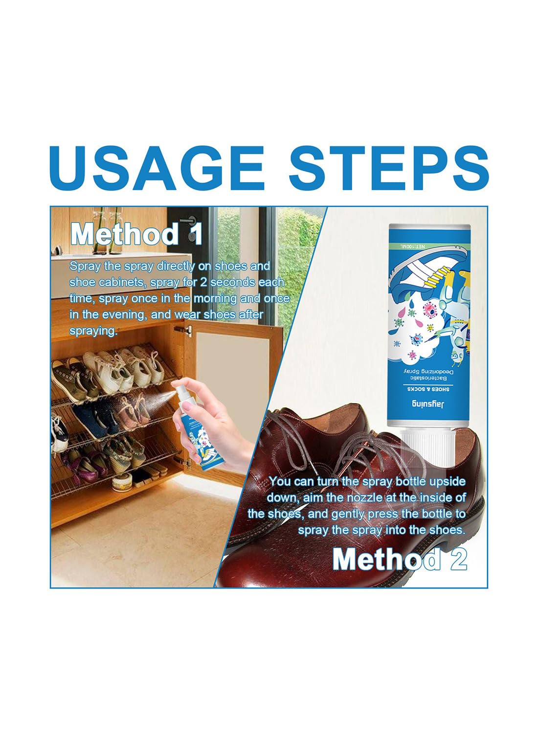 Shoes & Socks Bacteriostatic Deodorizing Spray, Shoe Odor Eliminator Spray 100ml