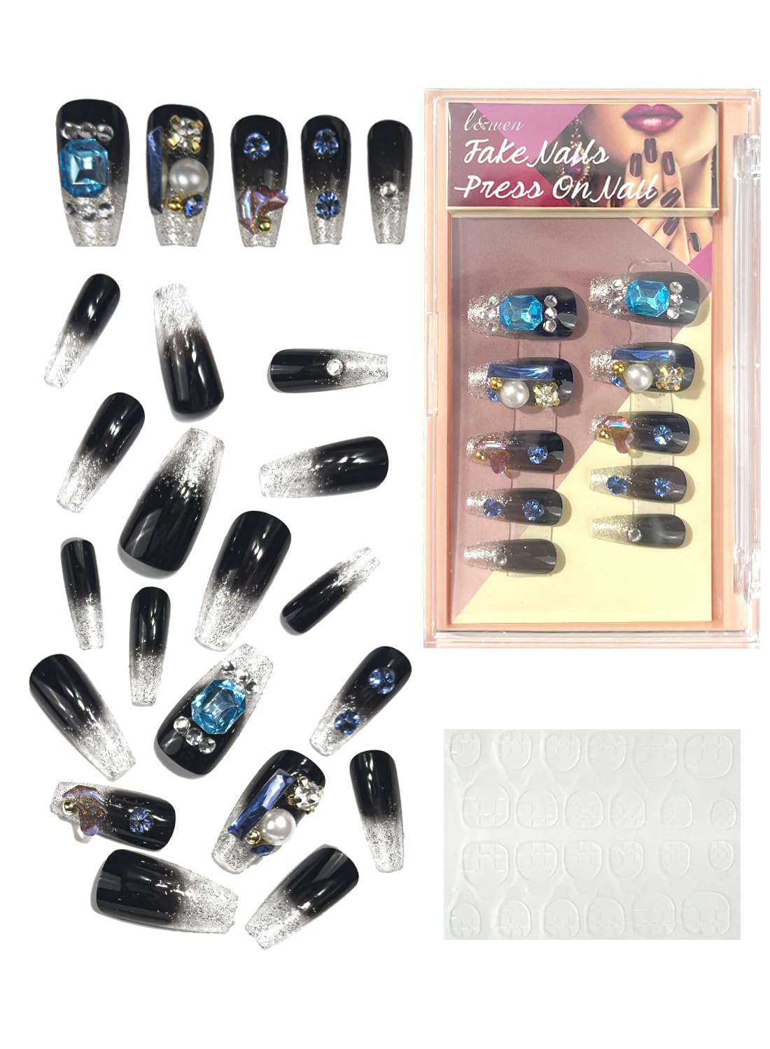 24Pcs Press on Nails, Long Lasting Chip-Free Press Ons Square for Gift, Nails Tip Set for Salons and DIY with 36Pcs Nail Adhesive Glue Tapes for Women