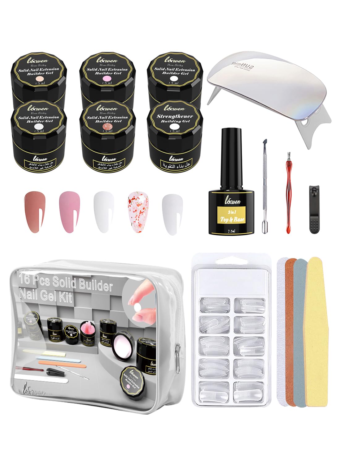 16 Pcs Solid Builder Nail Gel Kit, 5 Colors Building Gel & Strengthener, Non Sticky Hand Sculpture Hand Nail Extension Gel, Gift Set for Home DIY Nail Salon, for Beginners and Pros