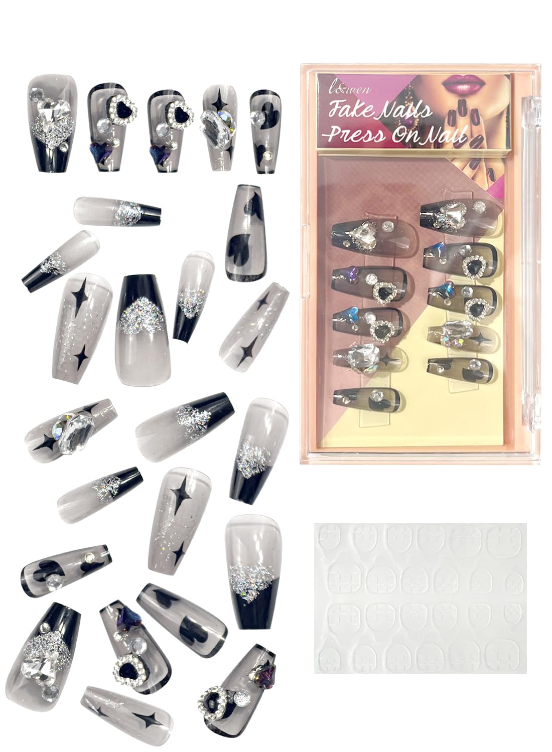 24Pcs Press on Nails, Long Lasting Chip-Free Press Ons Square for Gift, Nails Tip Set for Salons and DIY with 36Pcs Nail Adhesive Glue Tapes for Women