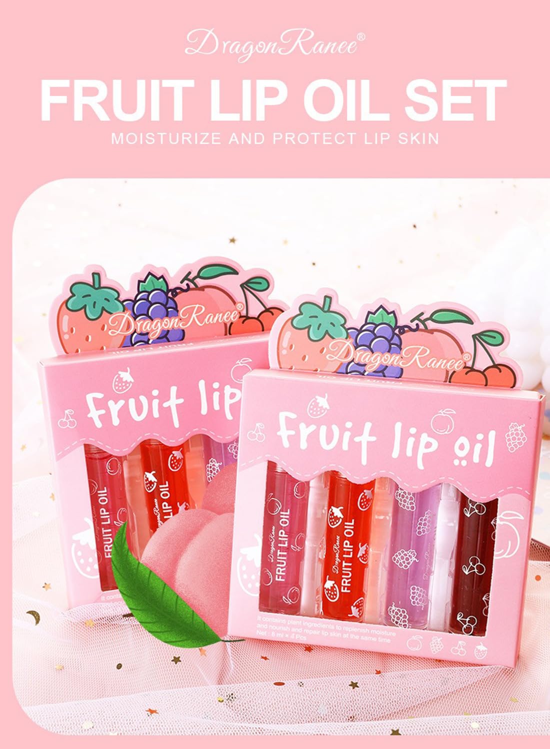4Pcs Glossy Fruit Roll-on Lip Oil Set, Moisturizing Clear Gloss for Lip Care