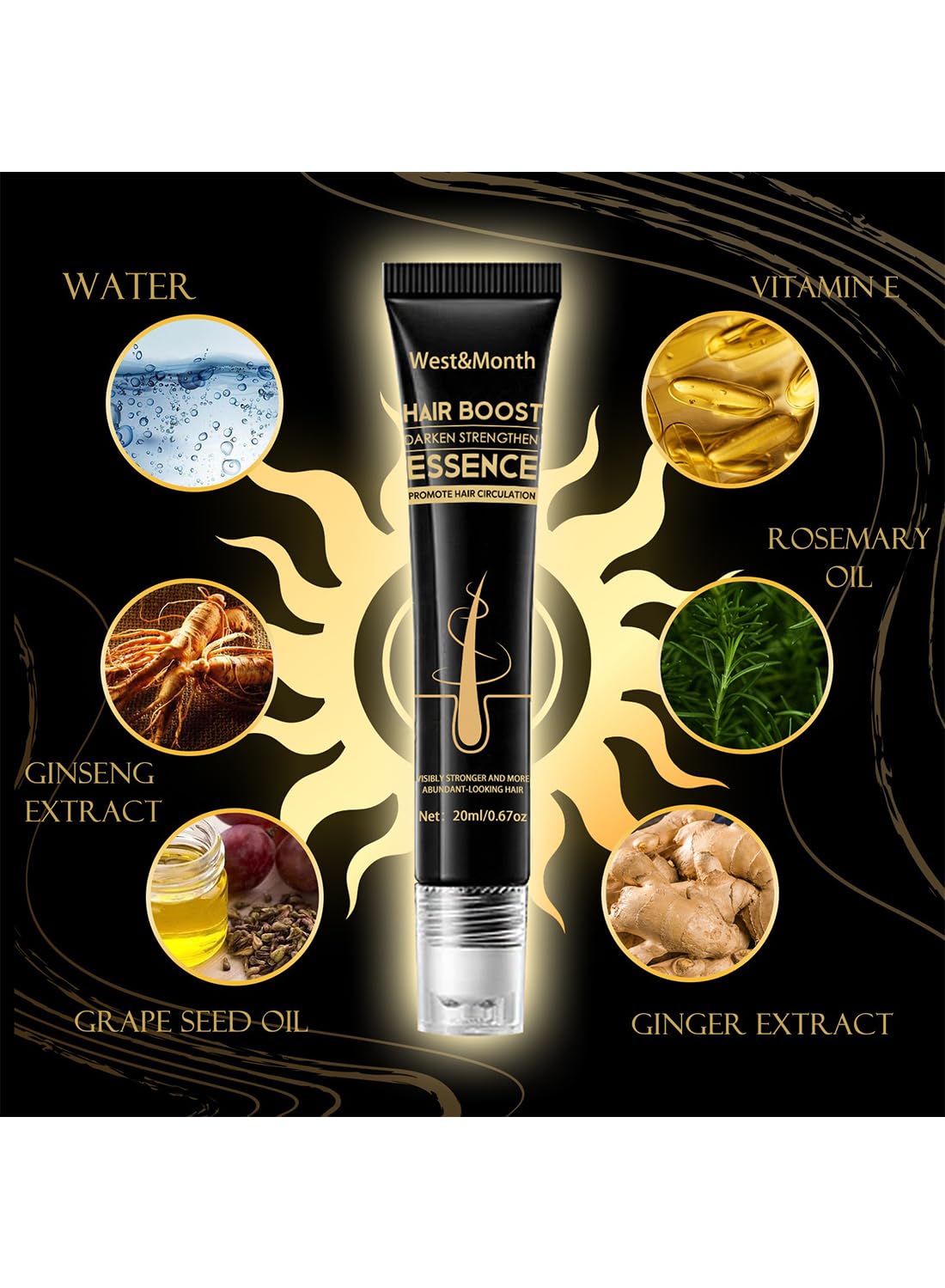 Hair Loss Treatment for Hair Growth, Anti Hair Loss Roll On Massage Hair Boost Essence, Darkens & Strengthens & Promotes Hair Circulation, Reduces Hair Loss, Restores Thin Hair 20ml