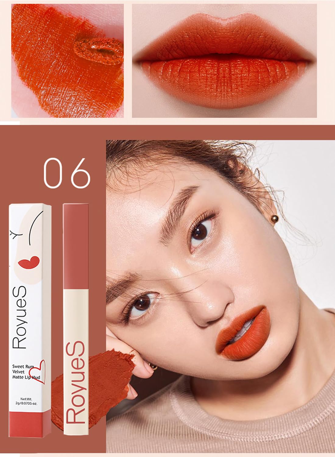 L&Wen Matte Velvet Lipstick, Long Lasting Lip Tint Lip Makeup for Women, Smooth Lip Gloss Orange Red