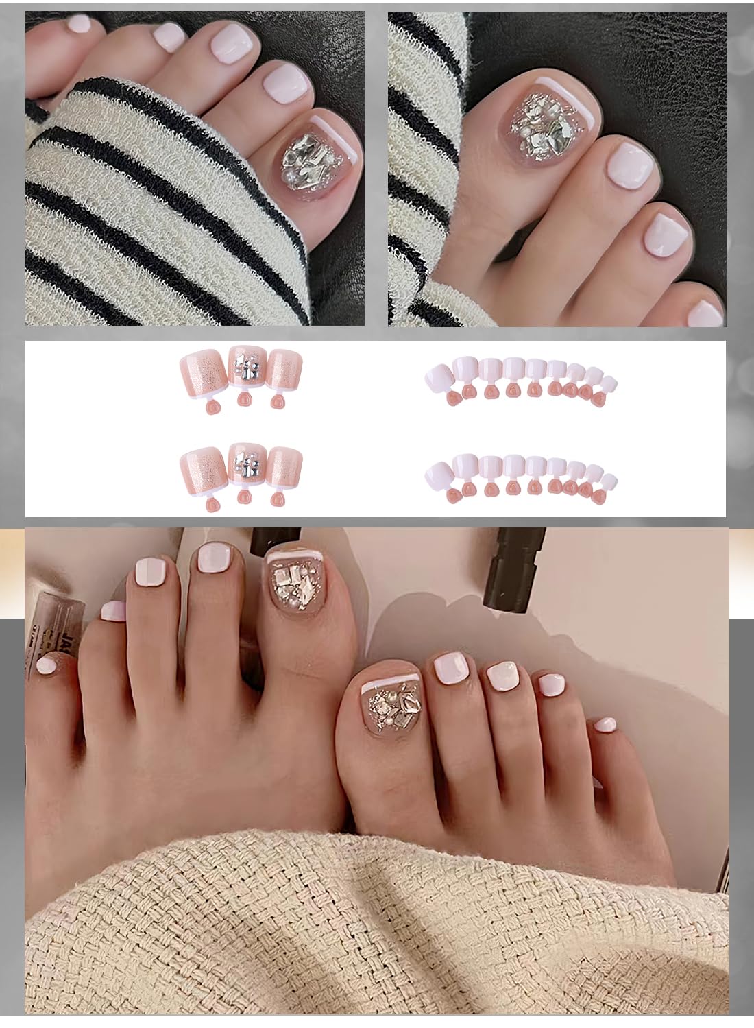 24Pcs Press on Toenails Short, Long Lasting Fake Toe Nails Full Cover, False Toenails for Feet for Summer Nail Art with Nail File Nail Stick & 72 Pcs Nail Adhesive Glue