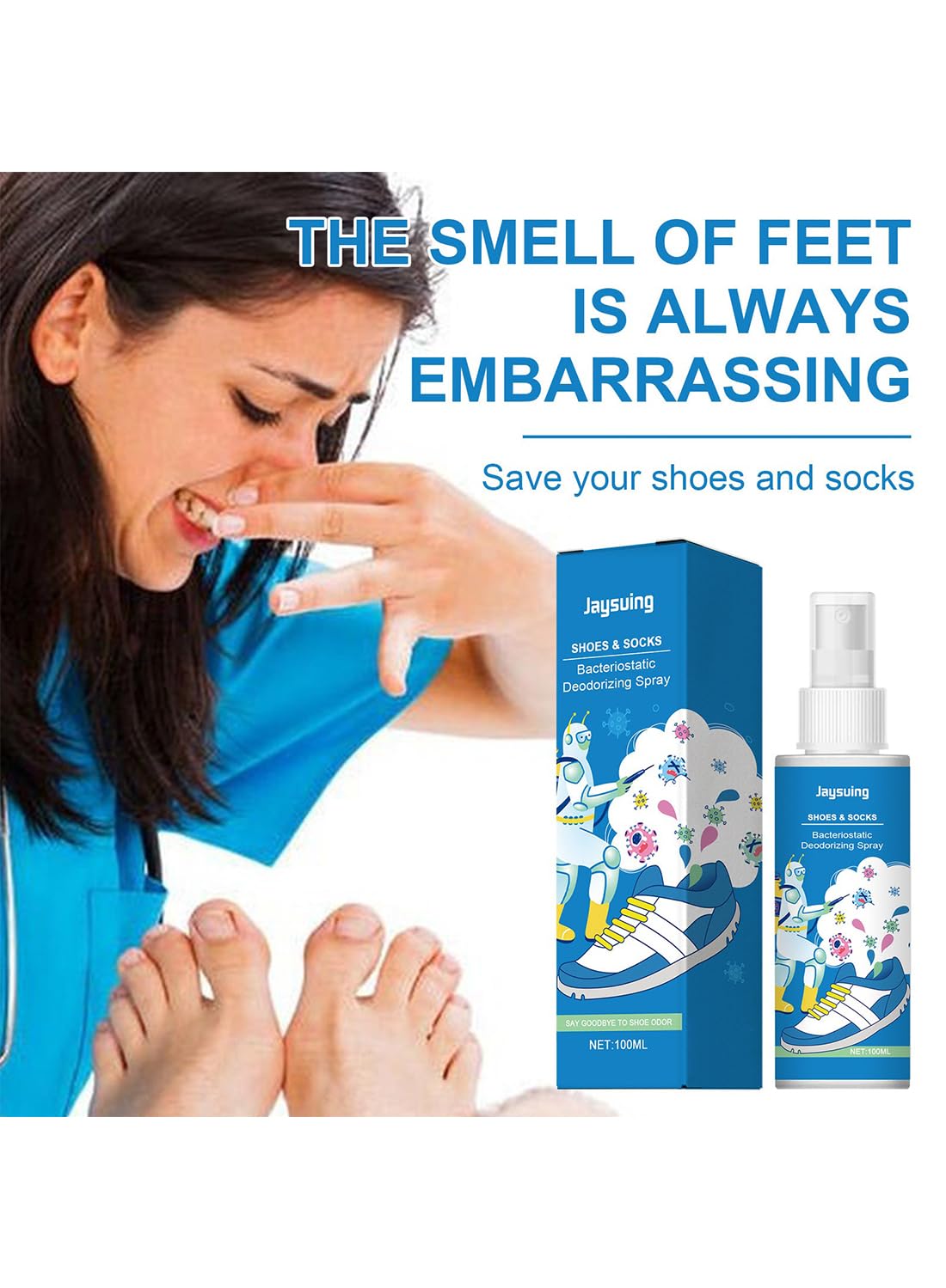 Shoes & Socks Bacteriostatic Deodorizing Spray, Shoe Odor Eliminator Spray 100ml