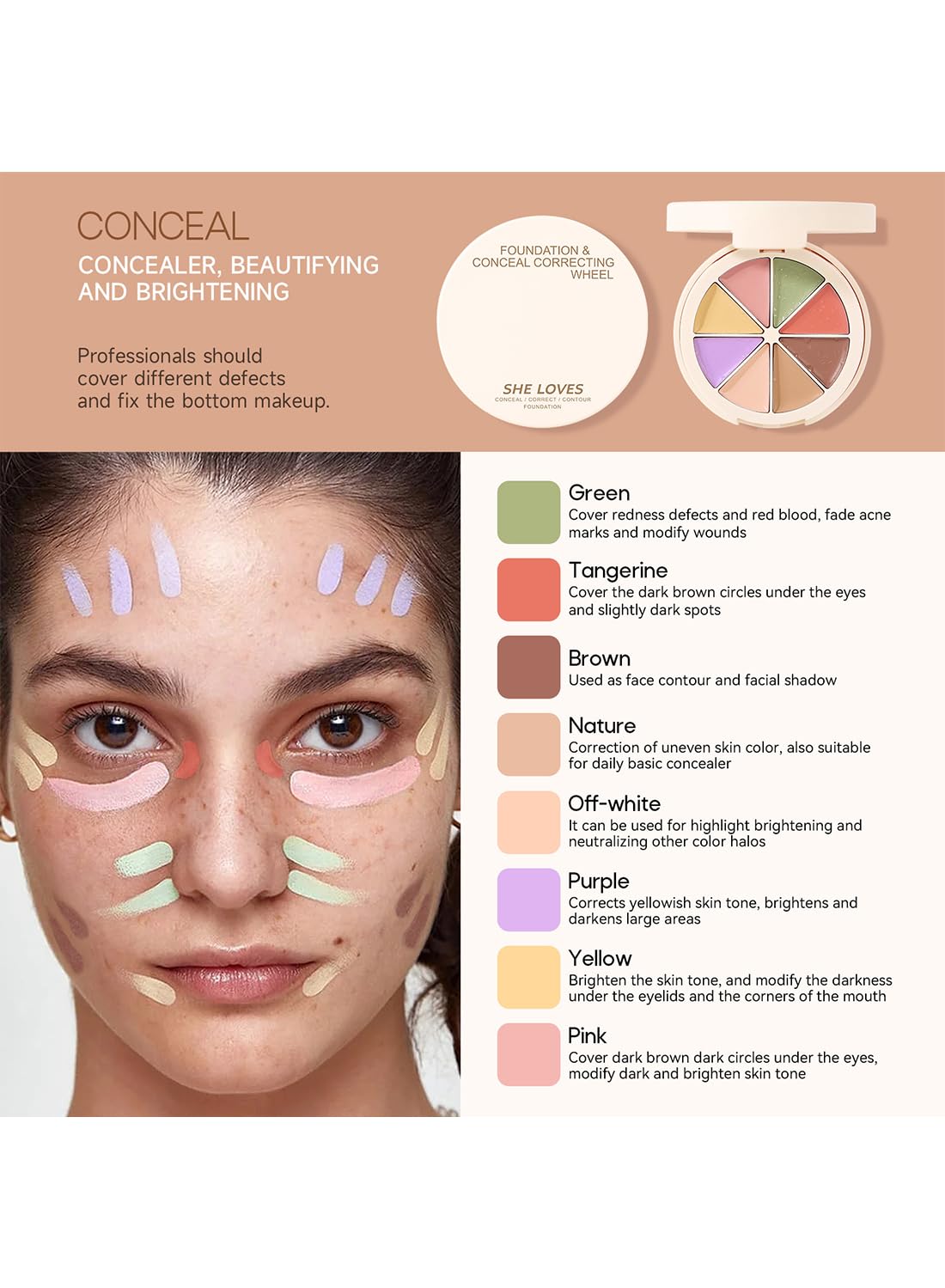 Foundation and Conceal Correcting Wheel, All in One Correcting Concealer Palette to Invisible Pore Conceal Dark Circles Blemish-Honey Wheat Brown